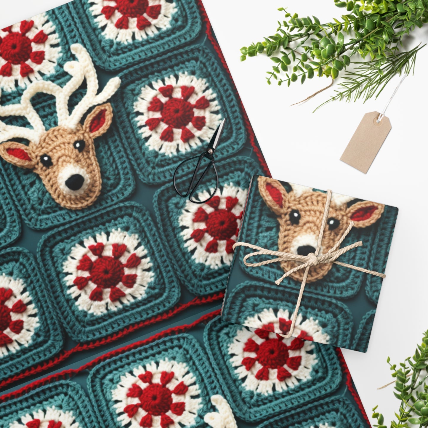 Christmas Reindeer Crochet, Wintry Wonderland Design, Festive Stag Motif. Embrace the Holiday Spirit - Wrapping Paper