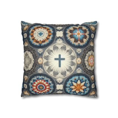 Bohemian Crochet Mandala with Centered Christian Cross - Earthy Tones Mosaic - Spun Polyester Square Pillow Case