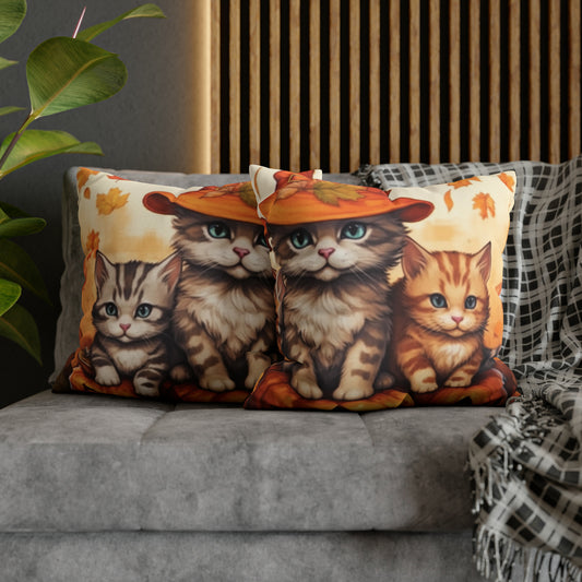 Kitty Cat Kittens Halloween - Cute Furries on Pumpkin - Festive Feline Decor - Spun Polyester Square Pillow Case