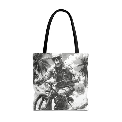 Biker Skeleton Wearing Sunglasses, Riding Sunset Boulevard in California Motorcycle, Tote Bag (AOP)