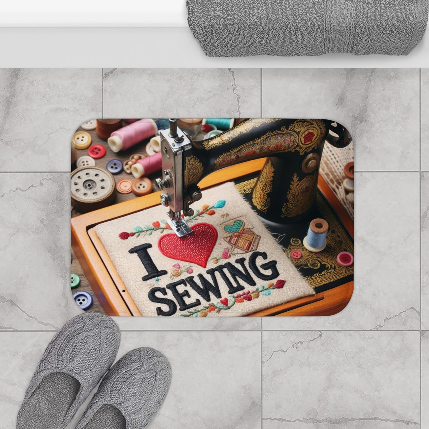 Sewing Machine, I Love Sewing Embroidery, Tailor Workshop - Bath Mat