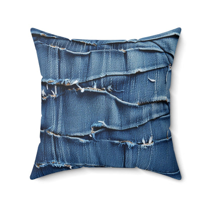 Denim desgastado azul medianoche: diseño resistente, rasgado y elegante - Almohada cuadrada de poliéster hilado 