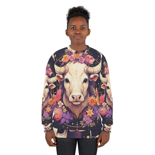 Taurus Zodiac Bull Flower Accents - Astrology Sign - Unisex Sweatshirt (AOP)