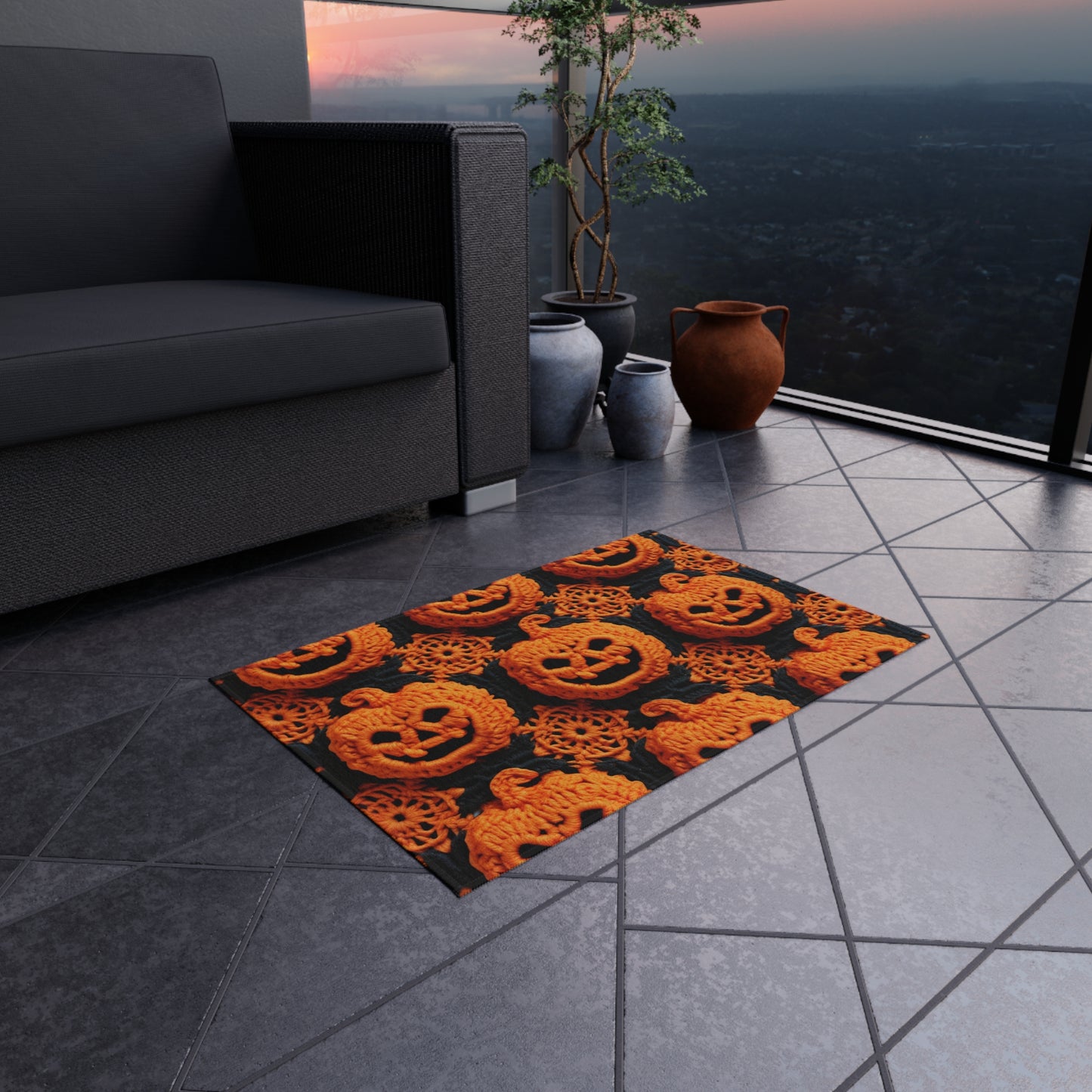 Halloween Crochet Pumpkin Scary Horror Festive Holiday Pattern - Outdoor Rug