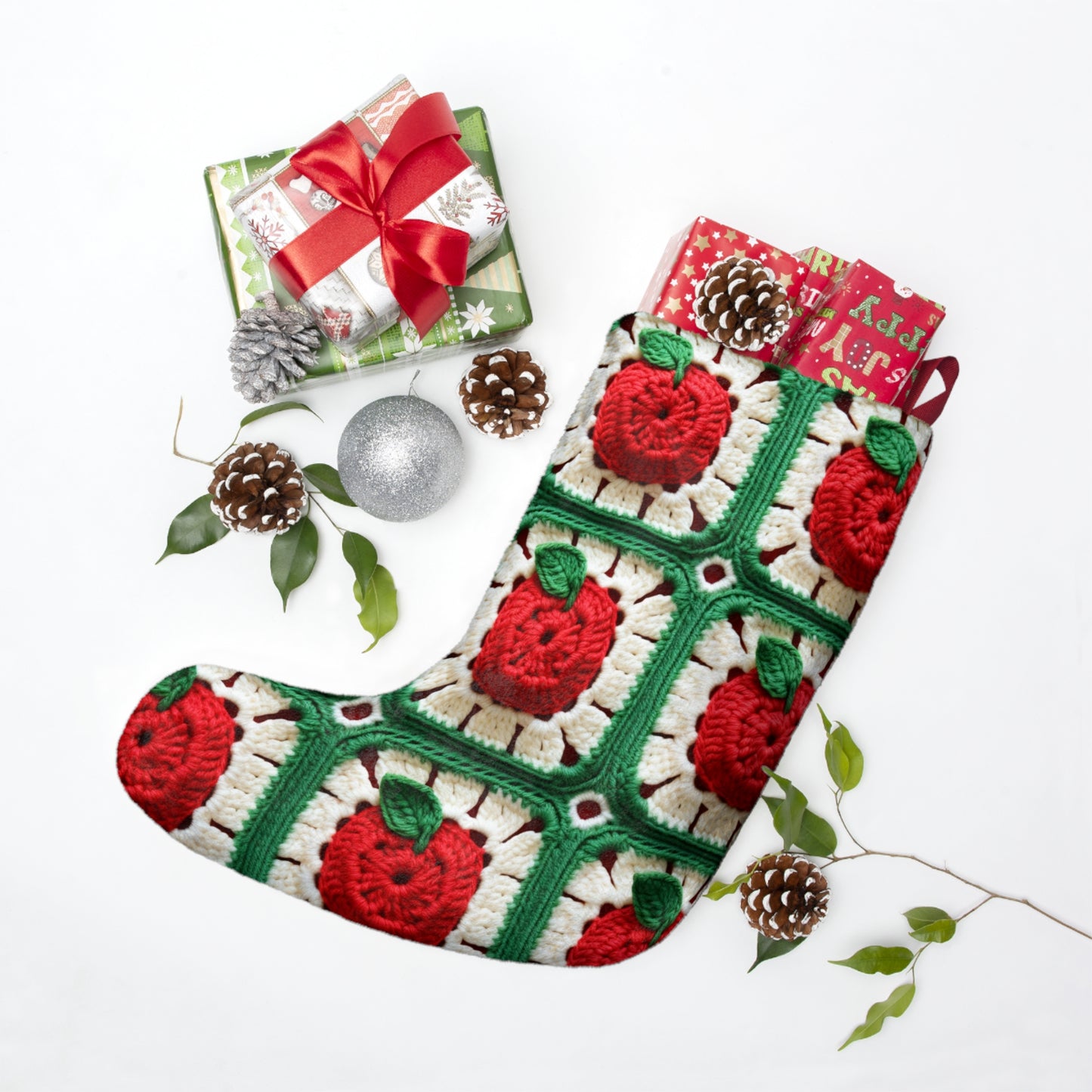 Apple Granny Square Crochet Pattern: Wild Fruit Tree, Delicious Red Design - Christmas Stockings