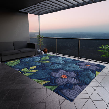 Floral Embroidery Blue: Denim-Inspired, Artisan-Crafted Flower Design - Outdoor Rug