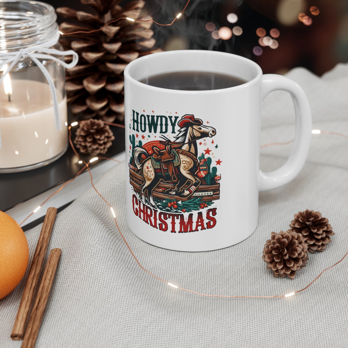 Desert Holiday Charm - Western Howdy Christmas with Festive Cactus and Galloping Horse - Ceramic Mug 11oz