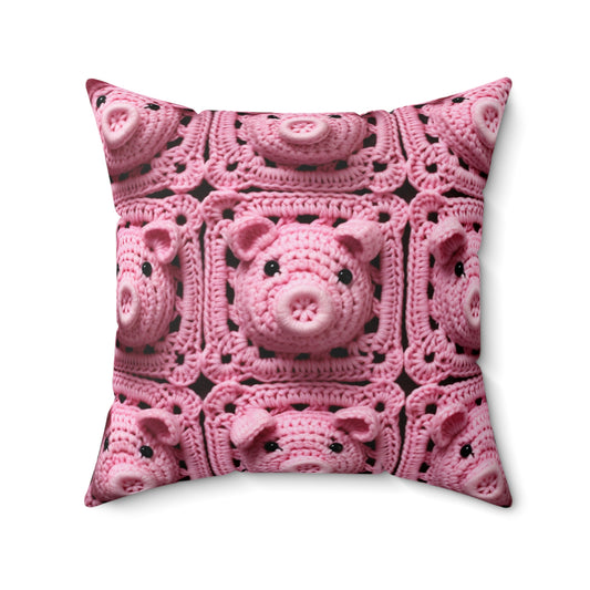 Crochet Pig Farm Animal Pink Snout Piggy Pattern - Spun Polyester Square Pillow