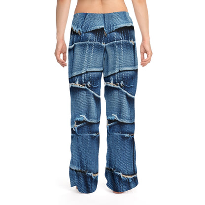 Midnight Blue Distressed Denim: Rugged, Torn & Stylish Design - Women's Pajama Pants (AOP)