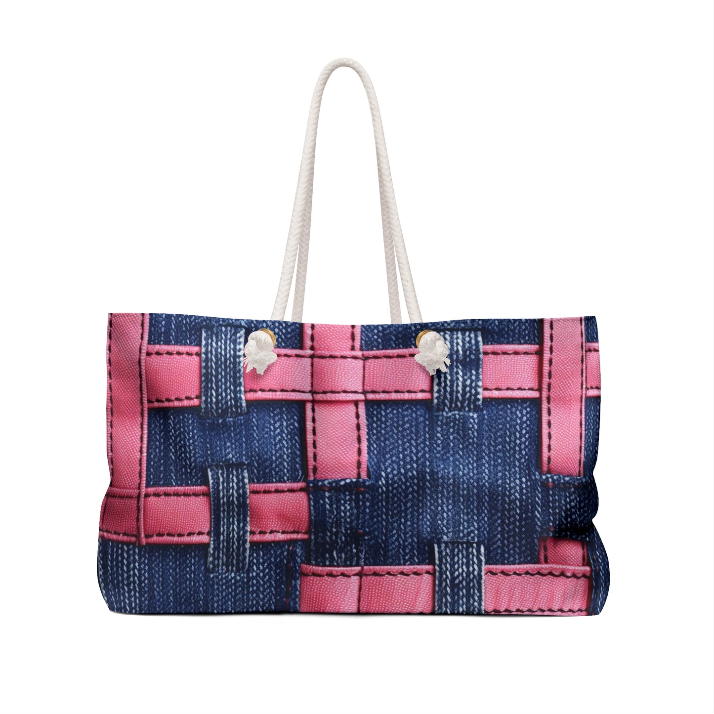 Candy-Striped Crossover: Pink Denim Ribbons Dancing on Blue Stage - Weekender Bag