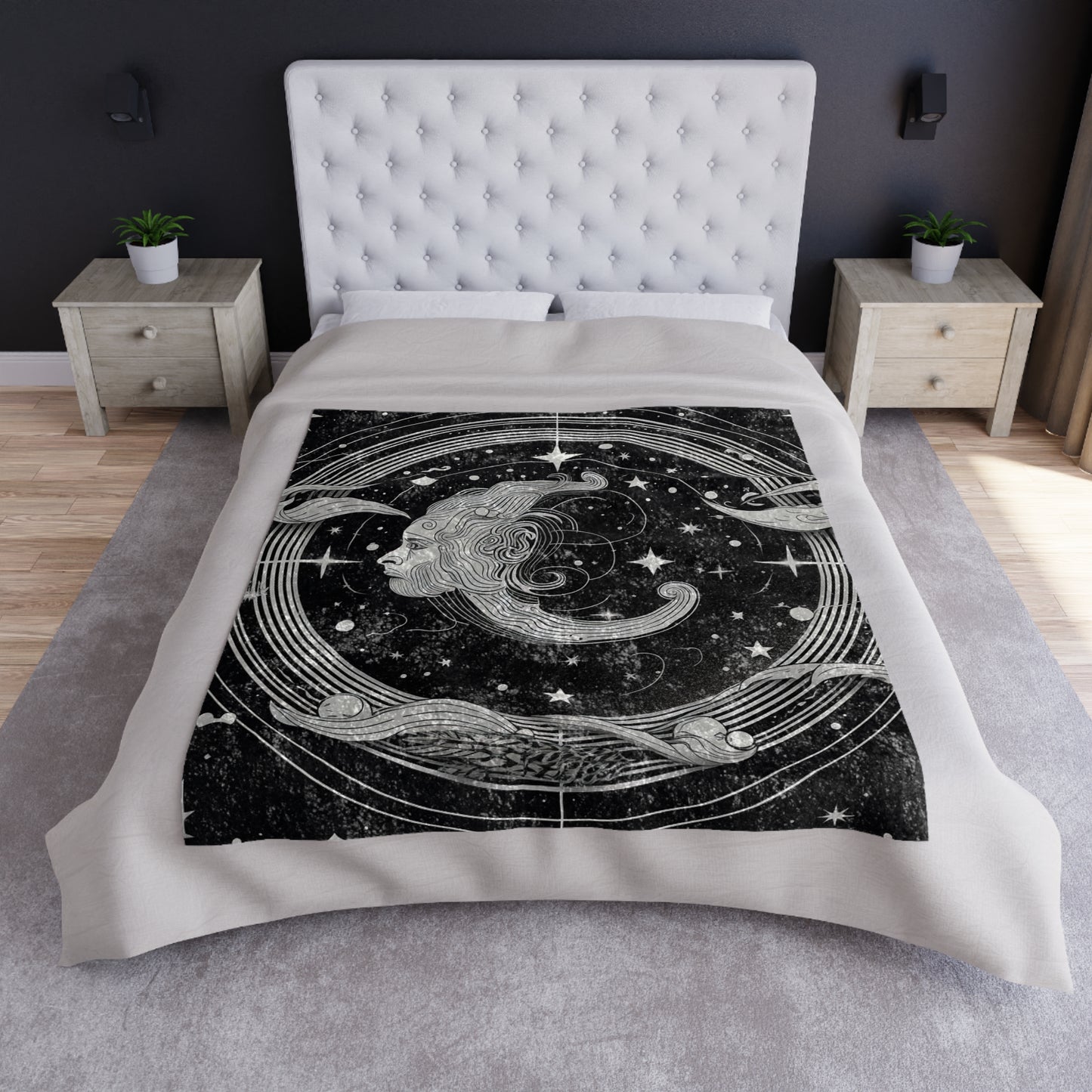 Aquarius Crushed Velvet Blanket, Black White Water-Bearer Design, 100% Polyester, One-Sided Print