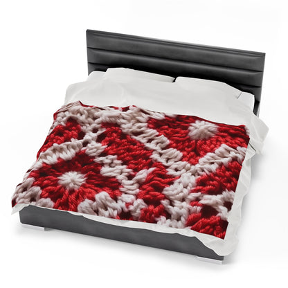 Warm Winter Red & White Crochet Knit: Cinematic Chic Texture Design - Velveteen Plush Blanket