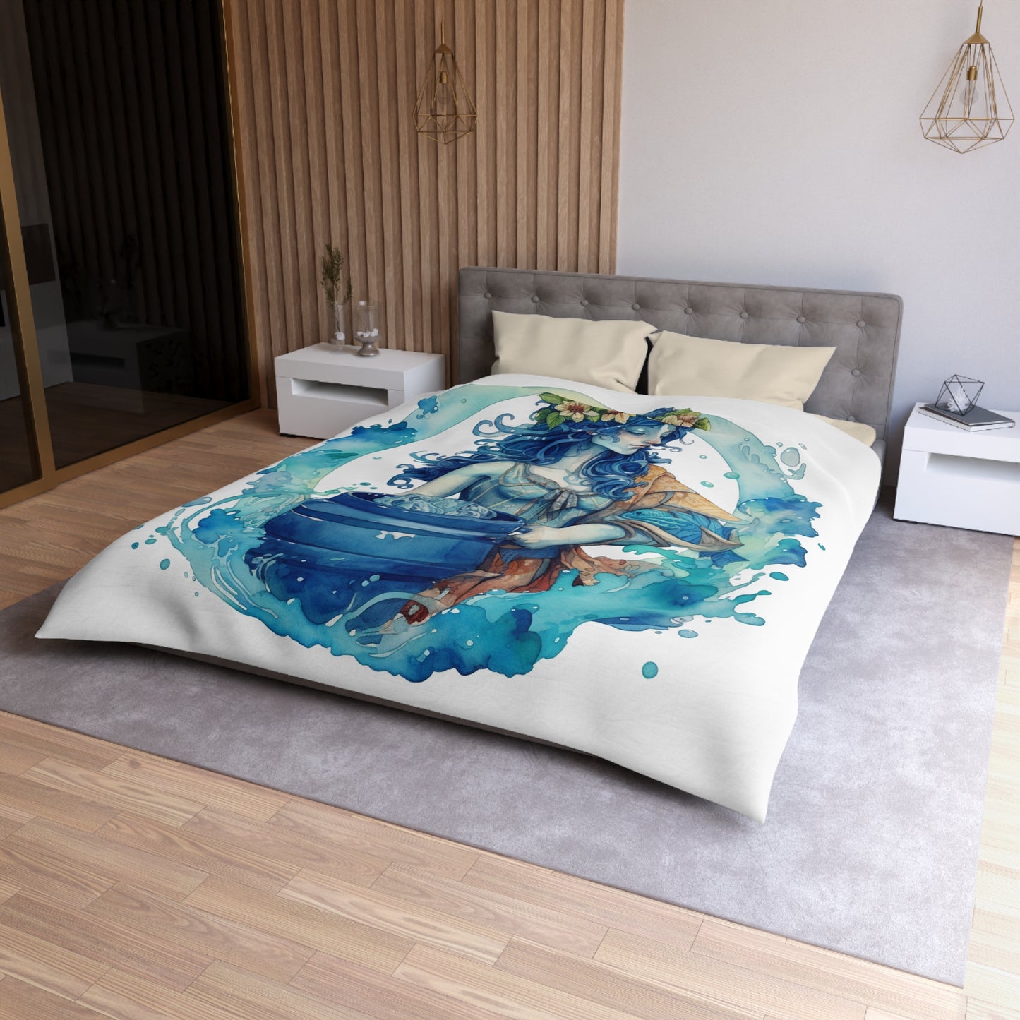 Artistic Aquarius Zodiac - Watercolor Water-Bearer Depiction - Microfiber Duvet Cover