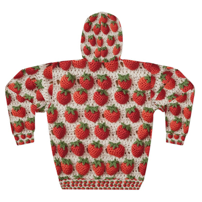 Strawberry Traditional Japanese, Crochet Craft, Fruit Design, Red Berry Pattern - Unisex Pullover Hoodie (AOP)