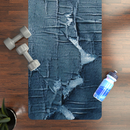 Distressed Blue Denim-Look: Edgy, Torn Fabric Design - Rubber Yoga Mat