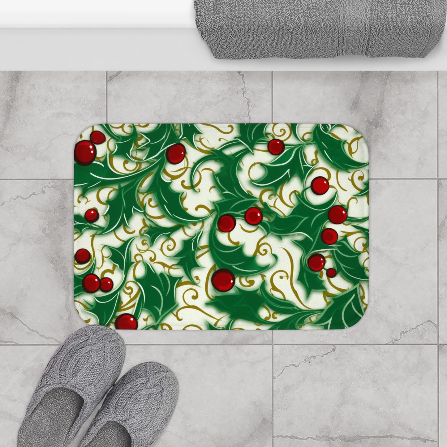 Elegancia navideña: diseño navideño de remolinos de acebo - Alfombra de baño