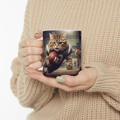 Football Field Felines: Kitty Cats in Sport Tackling Scoring Game Position - Ceramic Mug 11oz