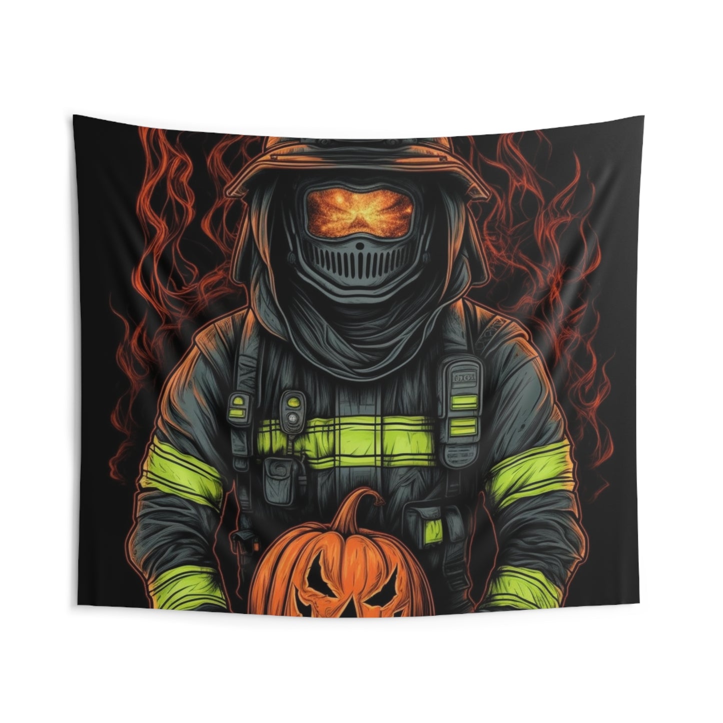 Firefighter Spooky Alert: Facing Haunted Halloween Spirits Scary Fire Pumpkin - Indoor Wall Tapestries