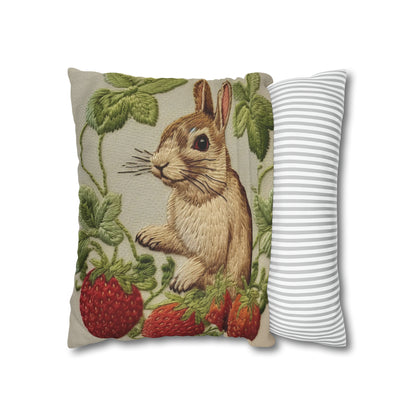 Strawberry Bunny Rabit - Embroidery Style - Strawberries Fruit Munchies - Easter Gift - Spun Polyester Square Pillow Case