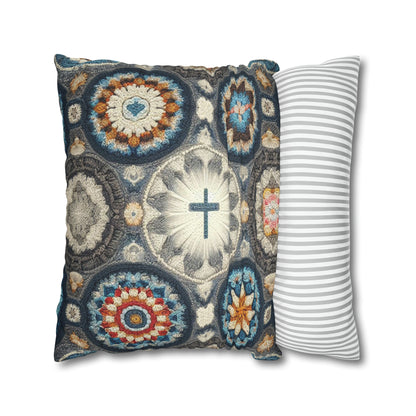 Bohemian Crochet Mandala with Centered Christian Cross - Earthy Tones Mosaic - Spun Polyester Square Pillow Case