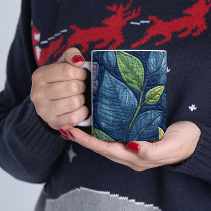 Floral Embroidery Blue: Denim-Inspired, Artisan-Crafted Flower Design - Ceramic Mug 11oz