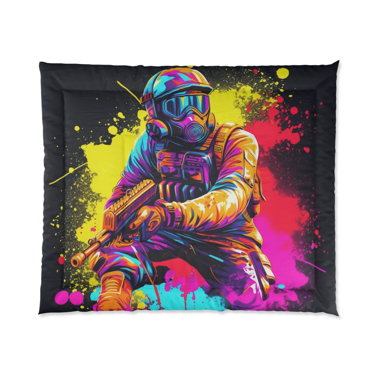 Deporte de acción de paintball: jugador en batalla, salpicaduras de pintura - Cama Colcha 