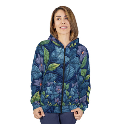 Floral Embroidery Blue: Denim-Inspired, Artisan-Crafted Flower Design - Unisex Zip Hoodie (AOP)