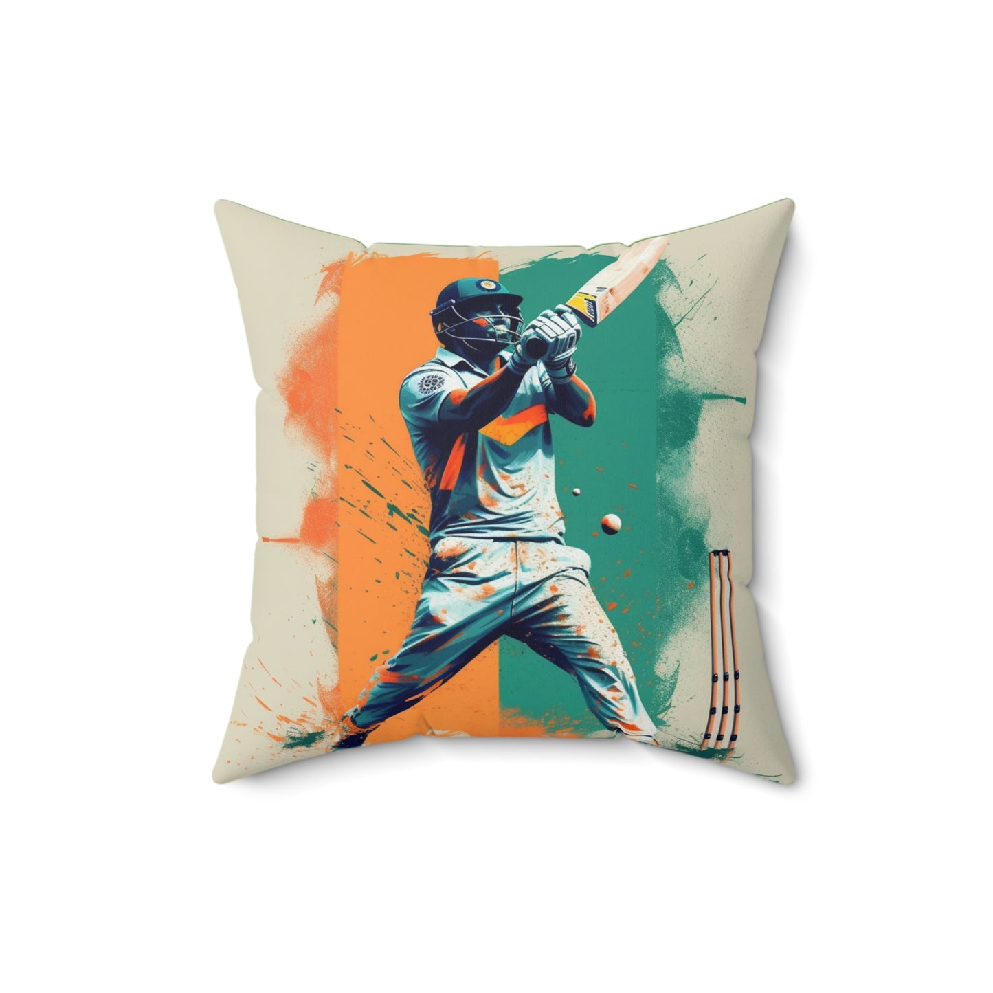 Cricket Batsman, Ball Strike, Indian Flag Color Background - Street Style - Spun Polyester Square Pillow