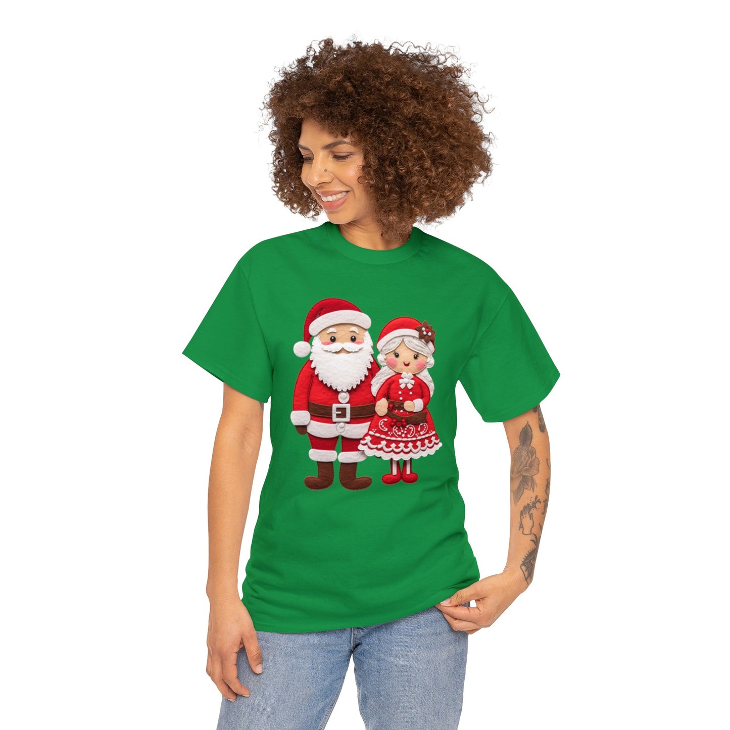 Santa & Mrs. Claus Felt Duo - Charming Handcrafted Christmas Decor, Festive Embroidered Holiday Figures - Unisex Heavy Cotton Tee