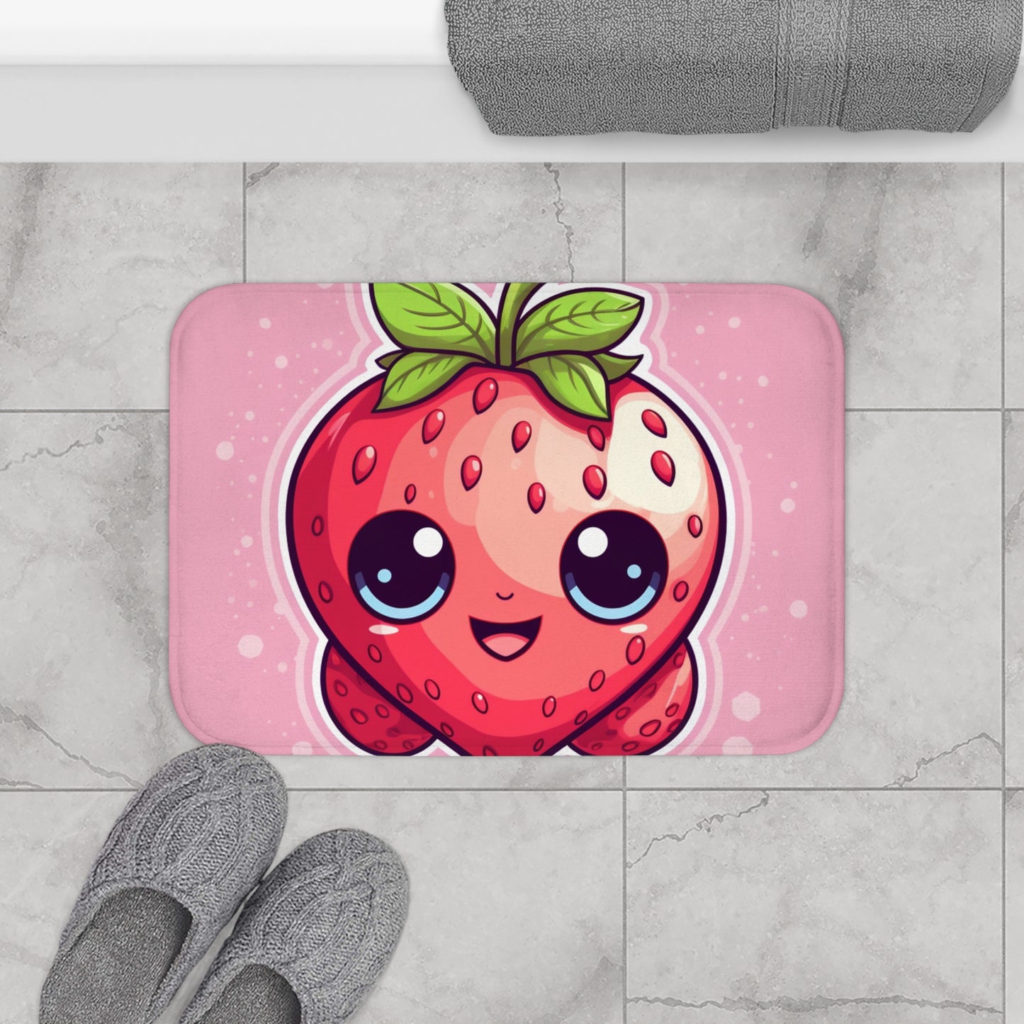 Kawaii Strawberry Adventure - Anime clásico de fruta japonesa tradicional - Obra de arte Otaku - Alfombra de baño