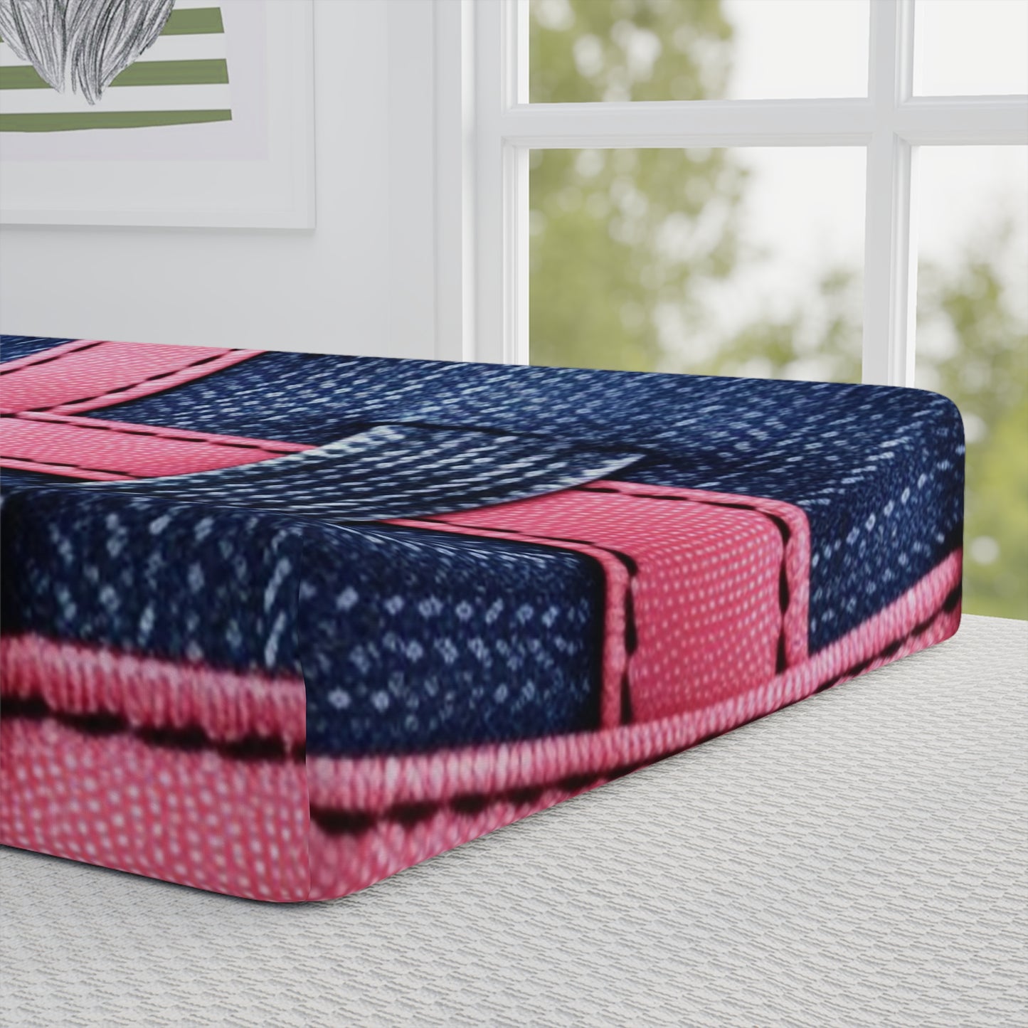 Candy-Striped Crossover: Pink Denim Ribbons Dancing on Blue Stage - Baby Changing Pad Cover