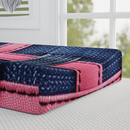 Candy-Striped Crossover: Pink Denim Ribbons Dancing on Blue Stage - Baby Changing Pad Cover