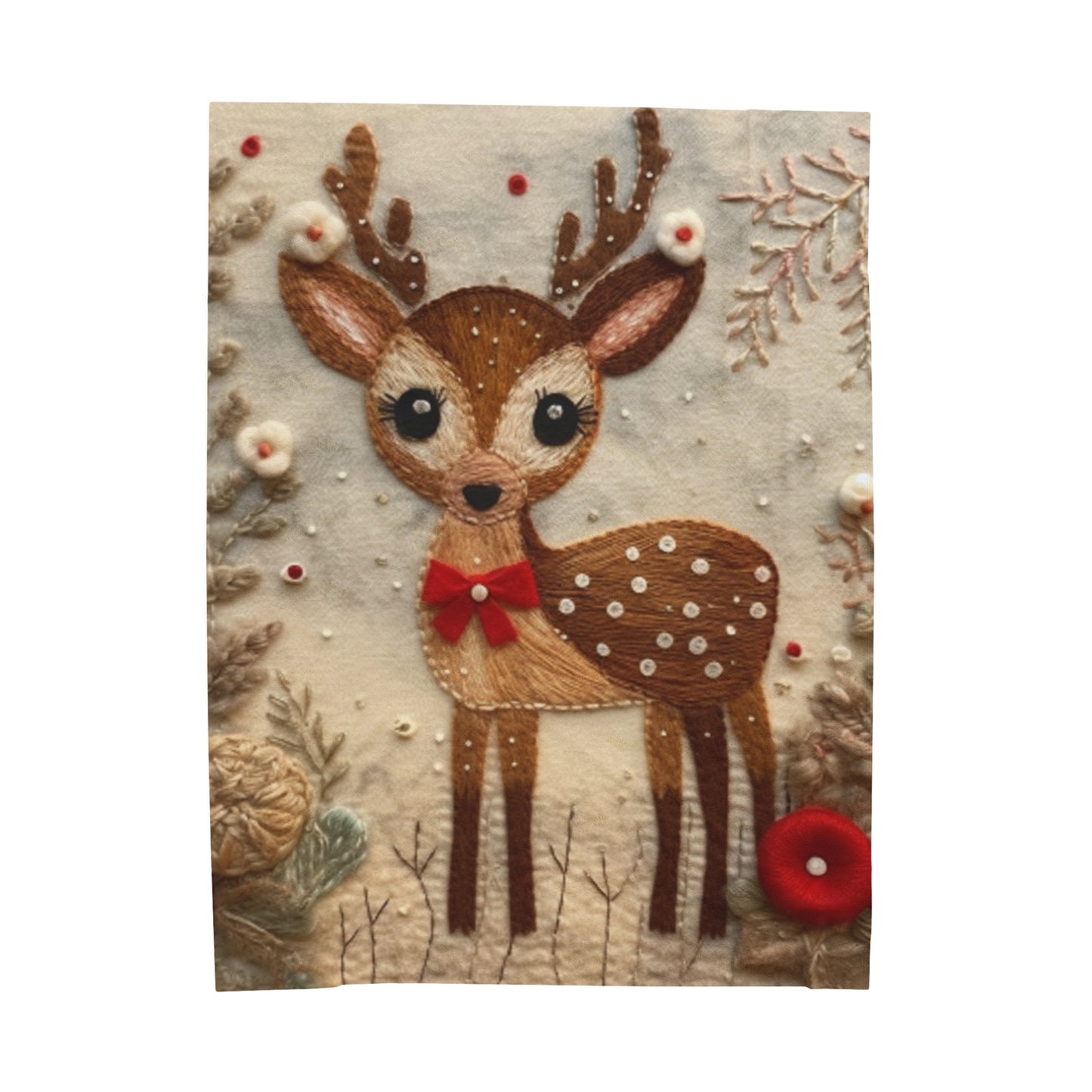 Winter Deer - Style Embroidered Christmas Reindeer, Festive Felt Artwork, Holiday Decor - Velveteen Plush Blanket