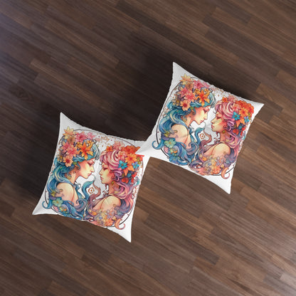 Zodiac Gemini Clipart - Twins Symbol, Whimsical Comic Style - Tufted Floor Pillow, Square