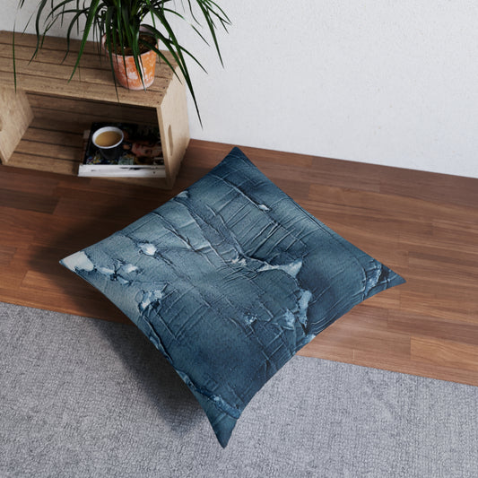 Distressed Blue Denim-Look: Edgy, Torn Fabric Design - Tufted Floor Pillow, Square