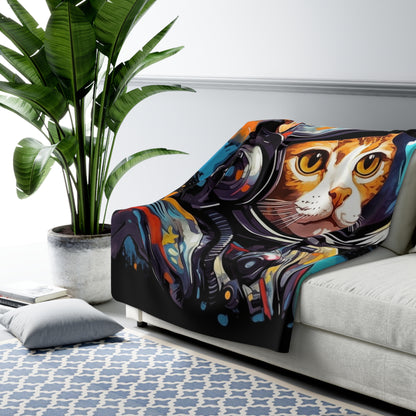 Astro Cat Adventure Feline - Pop Art, Floating in Cosmic Space - Sherpa Fleece Blanket