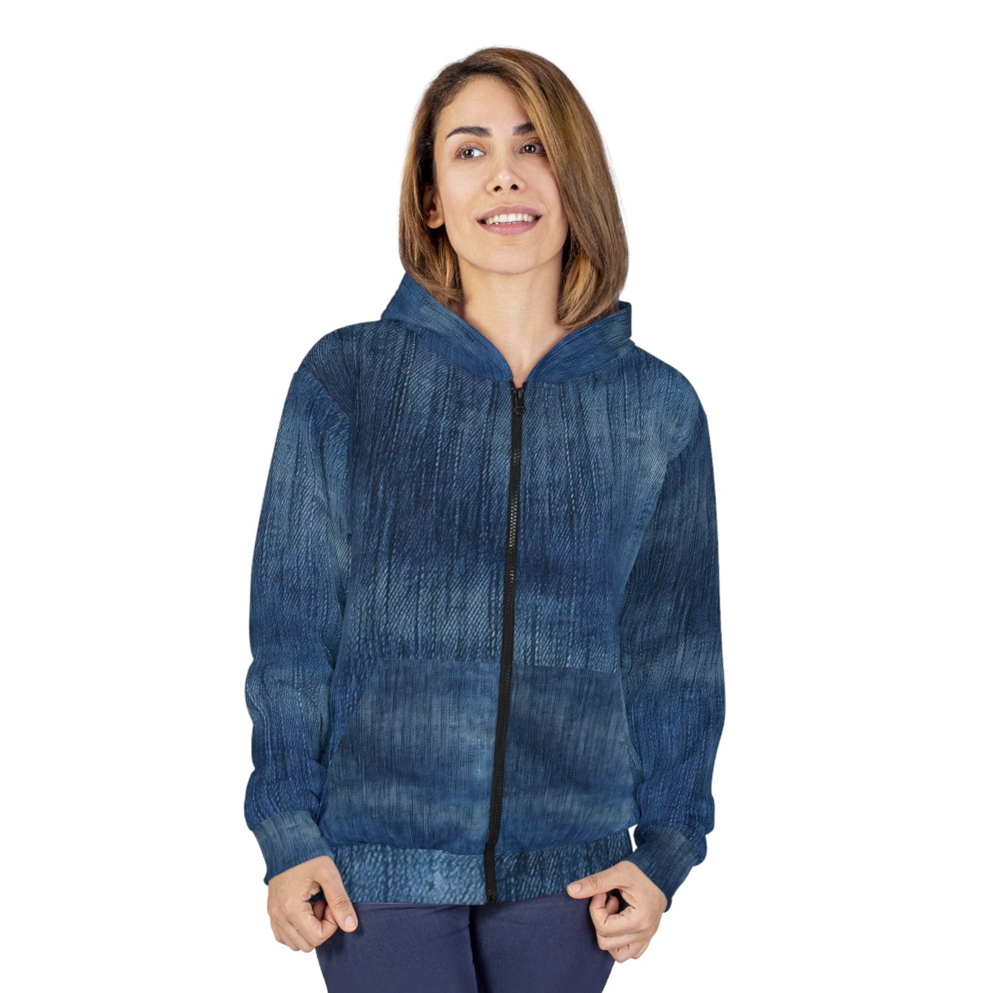 Indigo Splash: Washed Denim Reverie in Deep Blue - Unisex Zip Hoodie (AOP)