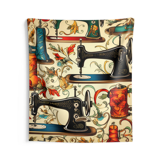 Classic Sewing Machines and Vibrant Thread Spools Pattern, Tailoring and Quilting - Indoor Wall Tapestries