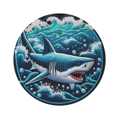 Blue Ocean Shark, Chenille Patch Graphic, Round Rug