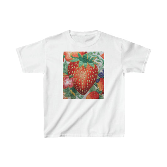 Berry Delight: Sun-Kissed Strawberries Fields Meet Embroidered Style Strawberry Patterns - Kids Heavy Cotton™ Tee