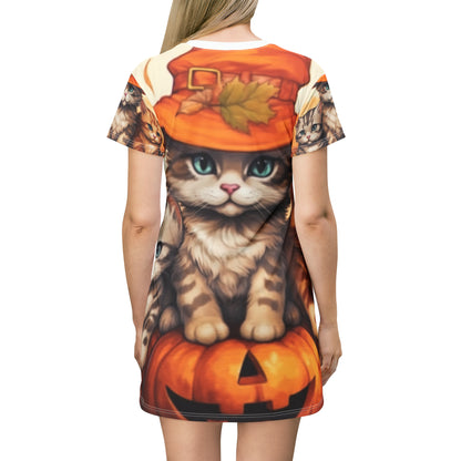 Kitty Cat Kittens Halloween - Cute Furries on Pumpkin - Festive Feline Decor - T-Shirt Dress (AOP)