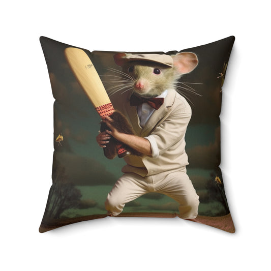 Mouse Cricket Batting, Wicket, Ball Hitting Stump, Howzat Moment - Spun Polyester Square Pillow