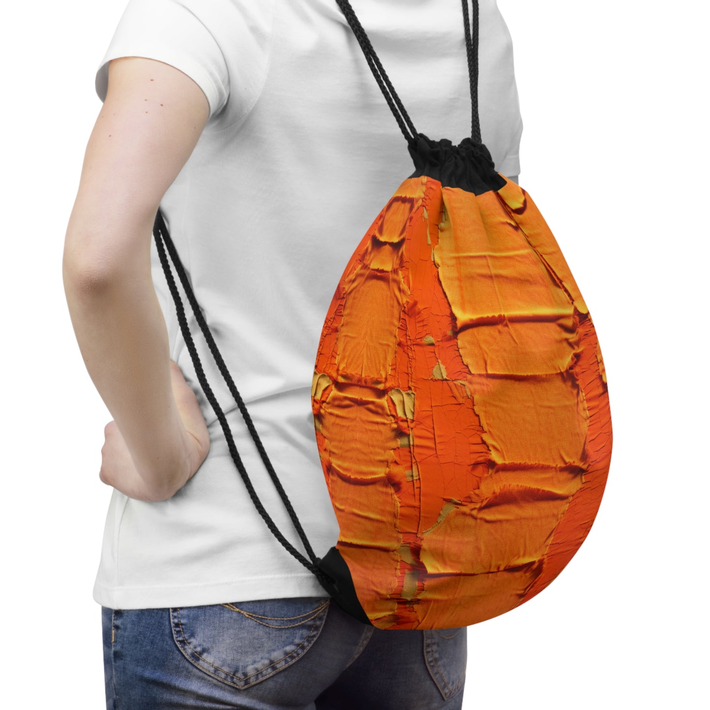 Fiery Citrus Orange: Edgy Distressed, Denim-Inspired Fabric - Drawstring Bag