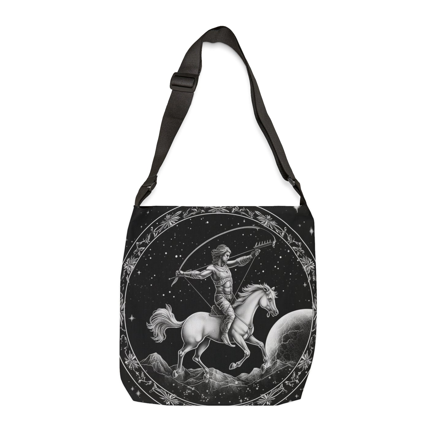 Sagittarius Zodiac Tote Bag, Black White Archer Design, 100% Spun Polyester, Adjustable Strap