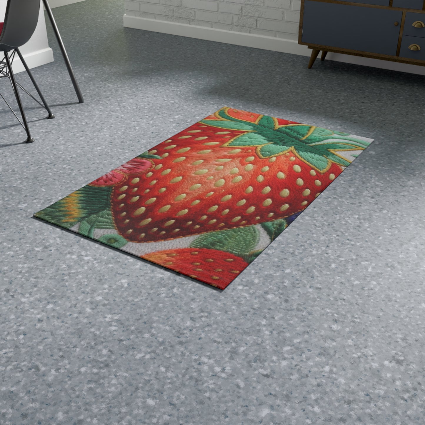 Berry Delight: Sun-Kissed Strawberries Fields Meet Embroidered Style Strawberry Patterns - Dobby Rug