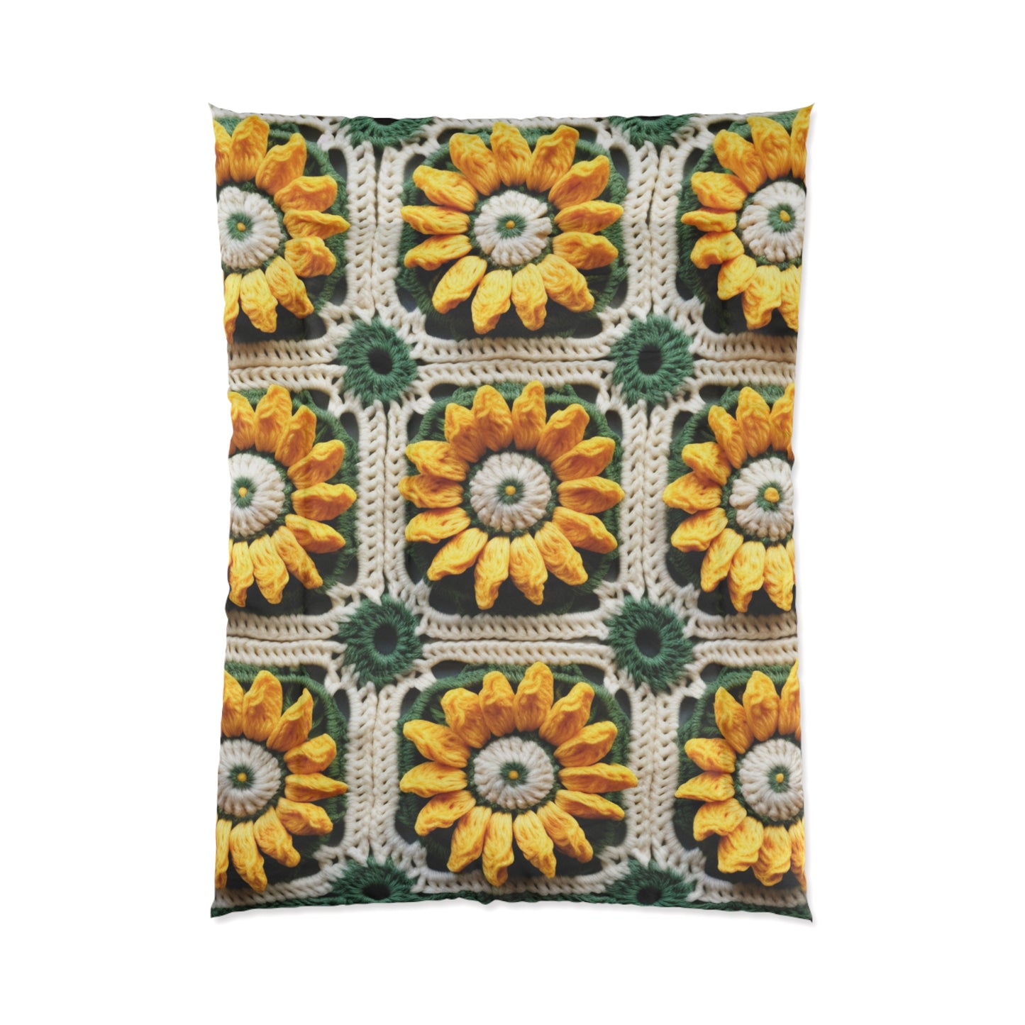 Sunflower Crochet Elegance, Granny Square Design, Radiant Floral Motif. Bring the Warmth of Sunflowers to Your Space - Bed Comforter