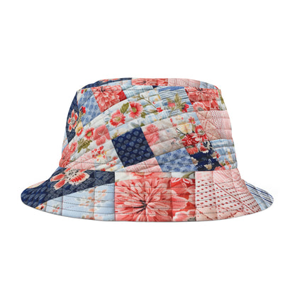 Floral Harmony Quilt, Blossom Patchwork, Blue and Pink Quilted Patterns, Garden Quilt, Soft Pastel Quilting Squares Design - Bucket Hat (AOP)