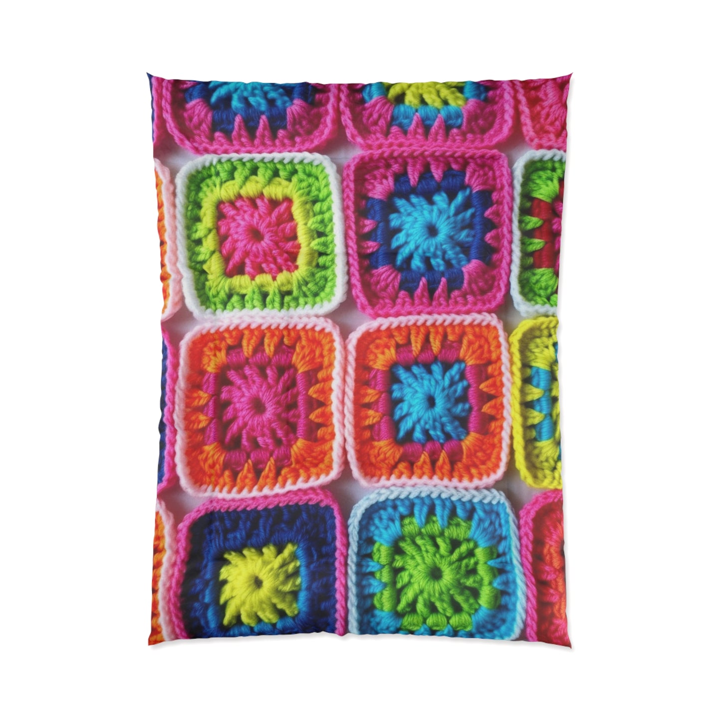 Crochet Granny Square, Summer Cotton, Patchwork, Retro Floral Design, Crochet Cotton - Bed Comforter