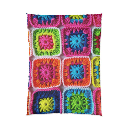 Crochet Granny Square, Summer Cotton, Patchwork, Retro Floral Design, Crochet Cotton - Bed Comforter