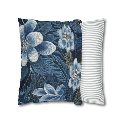 Flower Blossom Embroidery Floral on Denim Style - Spun Polyester Square Pillow Case